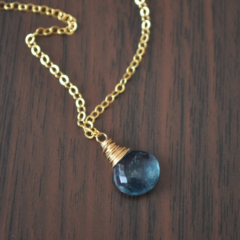 Blue Green Fluorite Gemstone Necklace in Gold